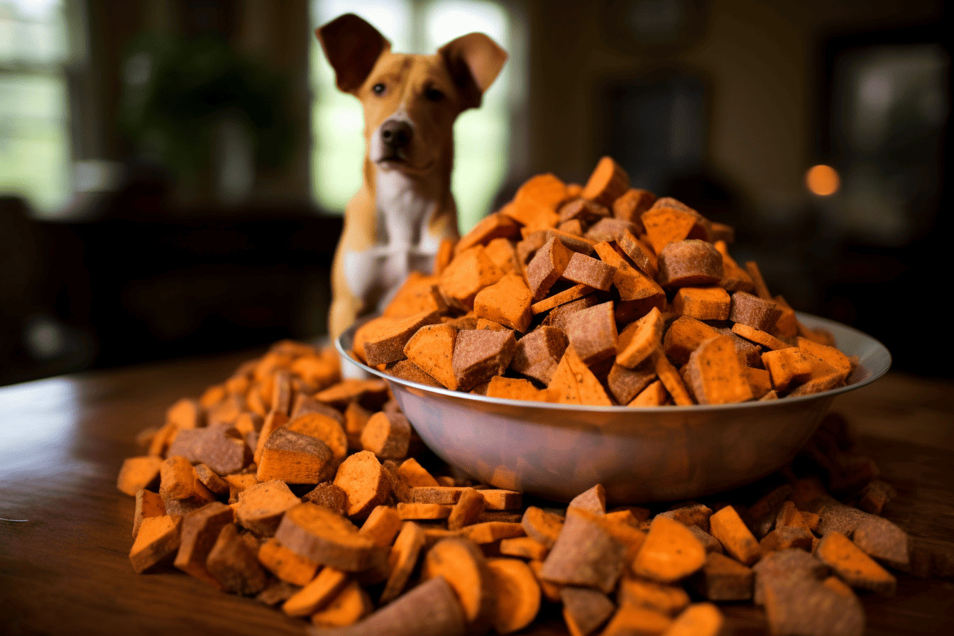 Dog treats in a metal bowl, owner offering healthy snacks to a curious dog, pet nutrition and care for happy, healthy dogs.