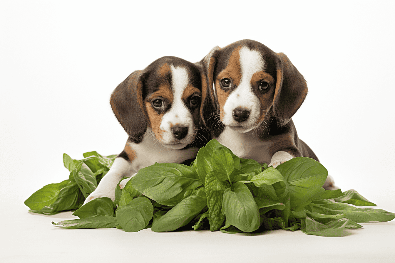 Adorable Beagle puppies with fresh basil, perfect for healthy dog treat inspirations.