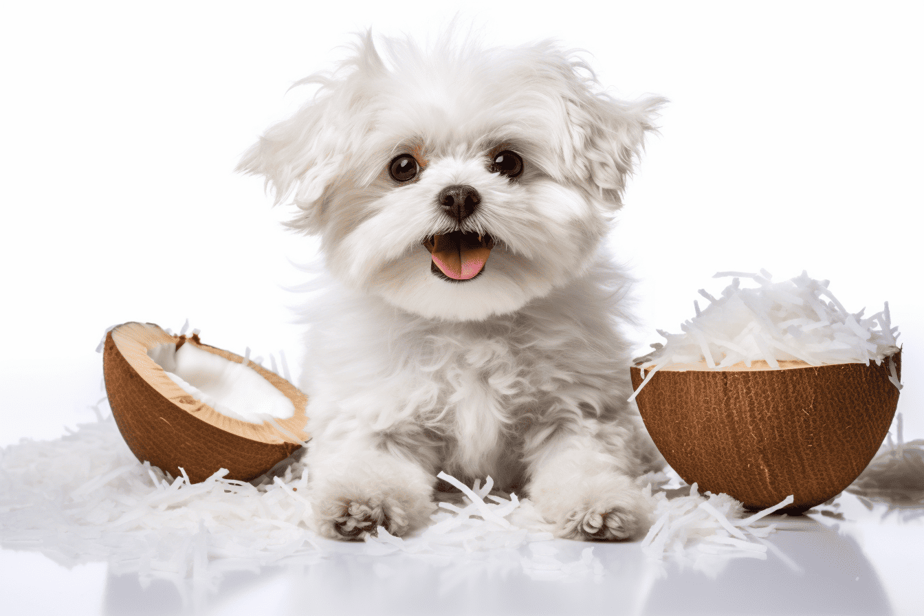 Cute white puppy with an open mouth, surrounded by coconut shells and shredded coconut.
