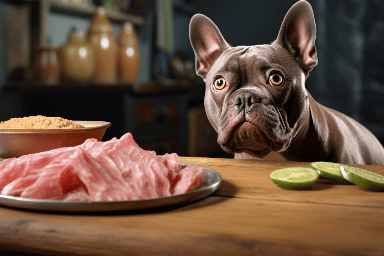 Adorable pug dog looking at raw meat and lime slices on a wooden table. Perfect for pet food, dog nutrition, and pet care articles.