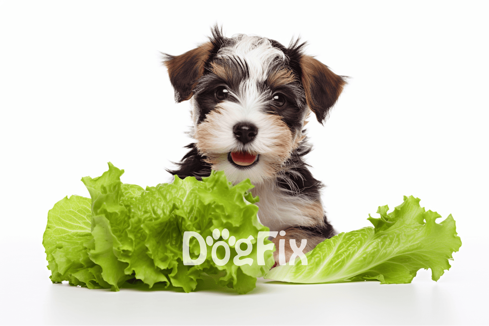Cutest dog with fresh lettuce, promoting healthy pet treats and nutrition.