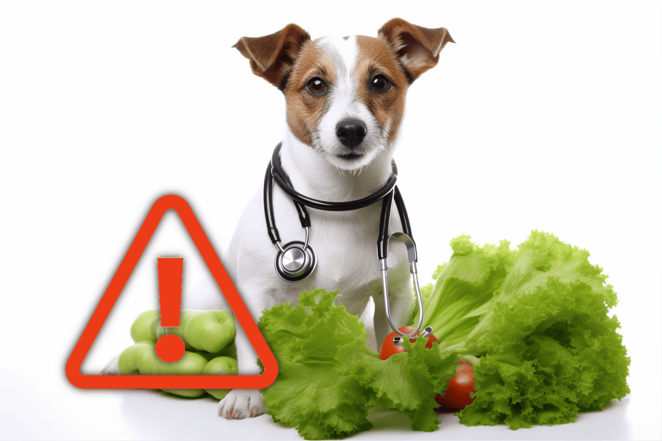 Dog wearing stethoscope with vegetables and warning sign.