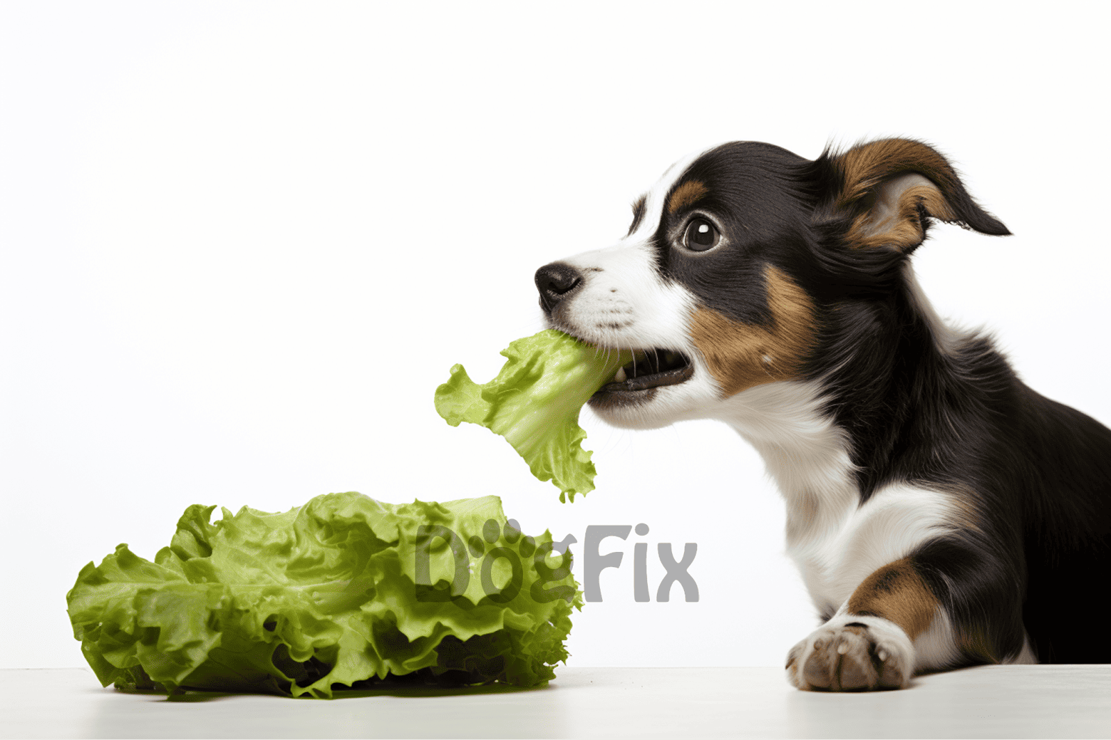 Cute puppy chewing fresh lettuce for healthy dog diet and wellness.
