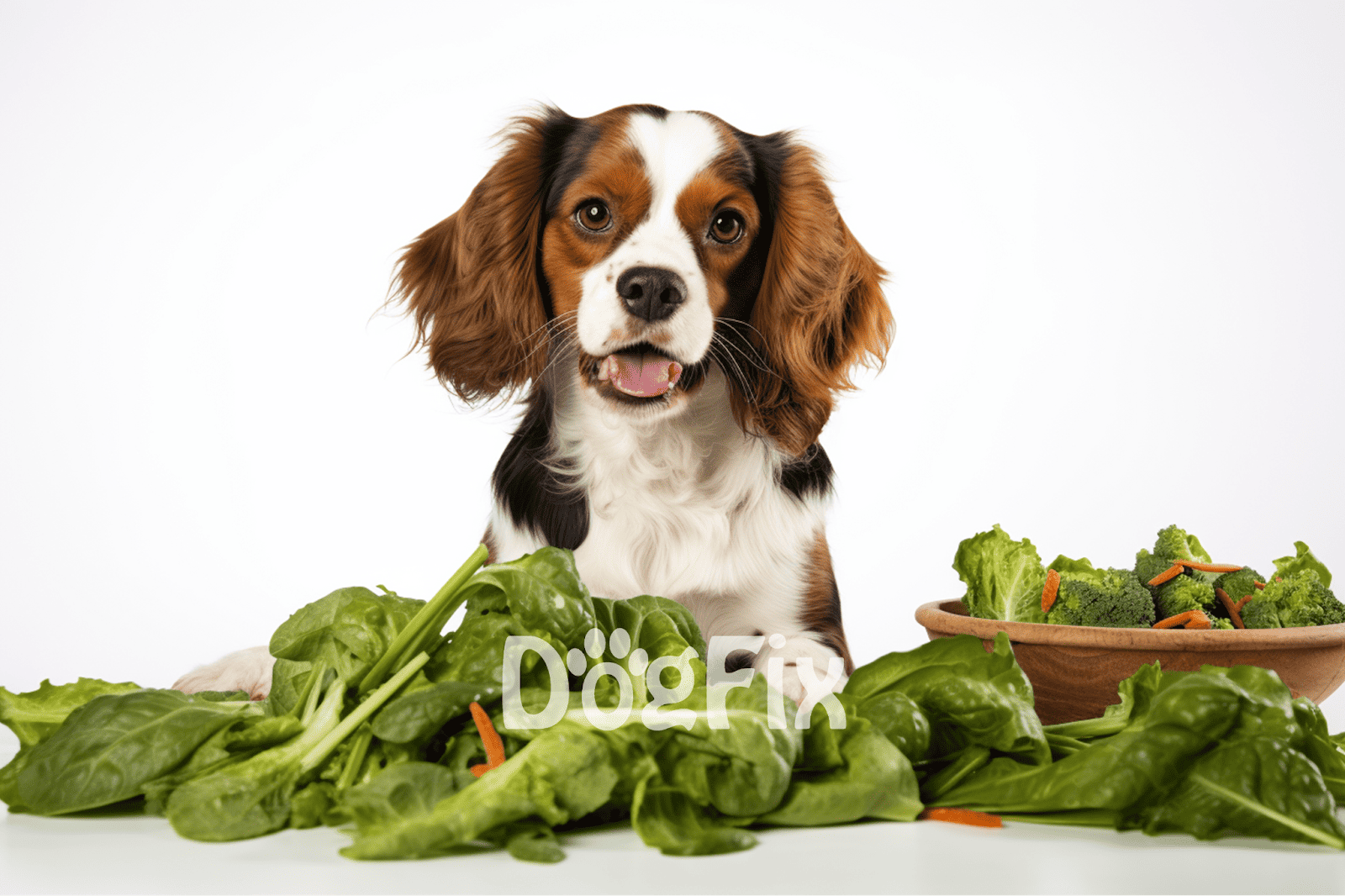 Happy dog with fresh spinach, broccoli, and carrots on white background.