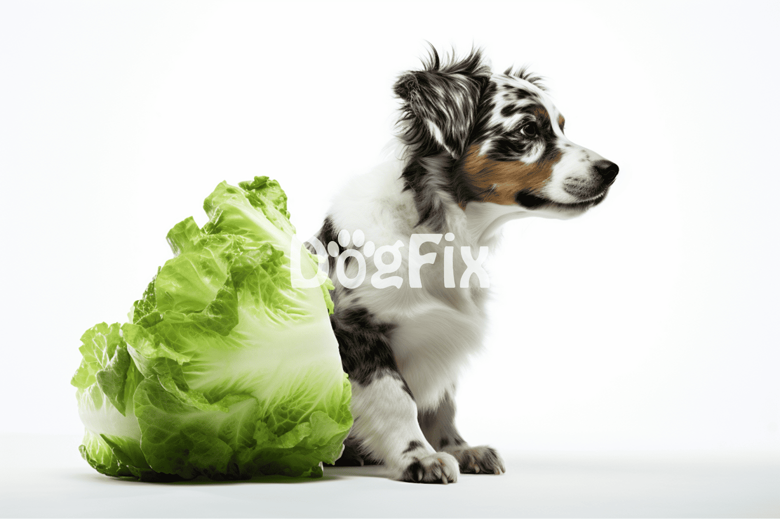 Close-up of an Australian Shepherd puppy along with fresh lettuce for healthy dog diet.
