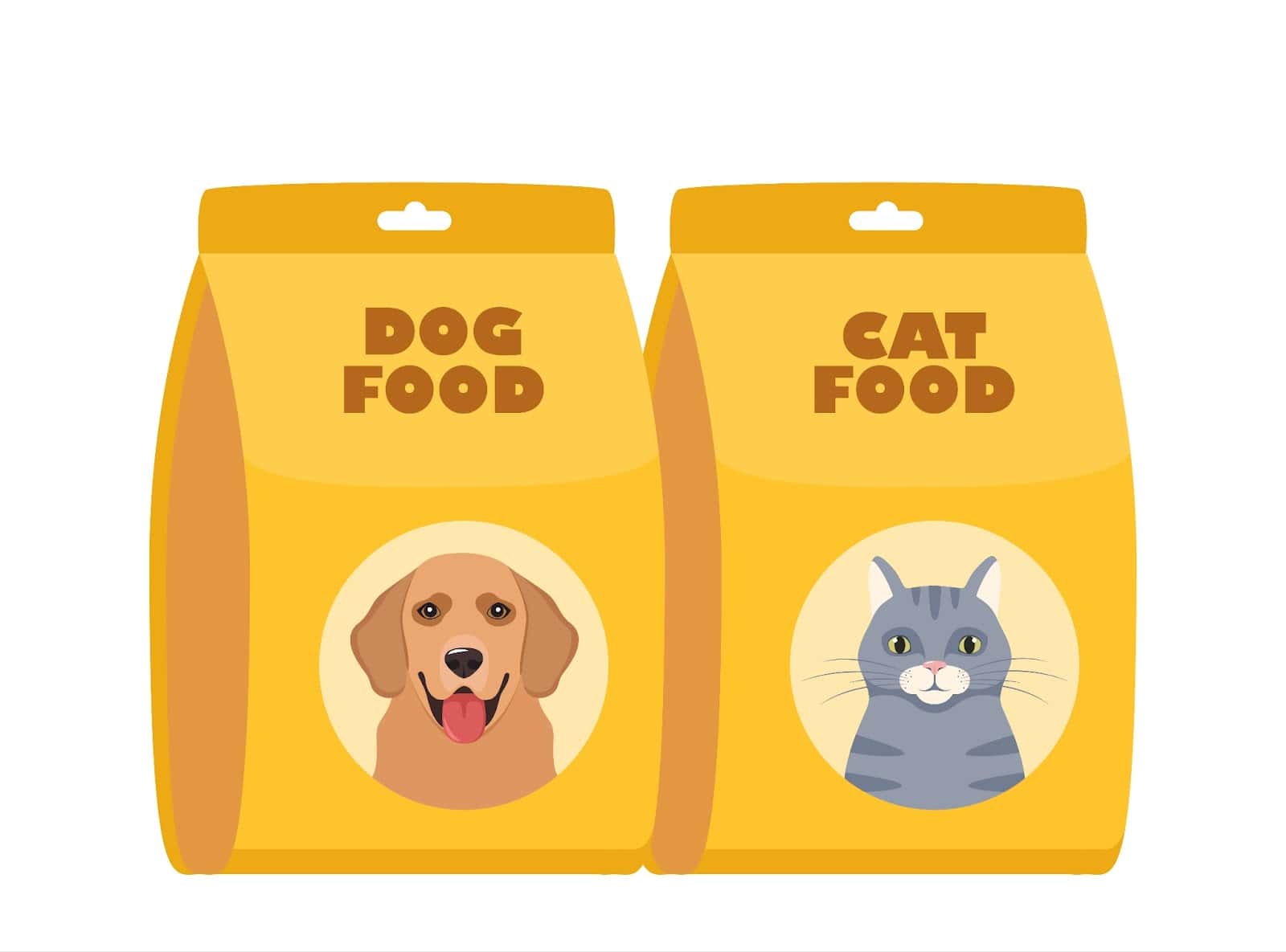 Dog and cat food in bright, attractive packaging with pet illustrations for easy identification.