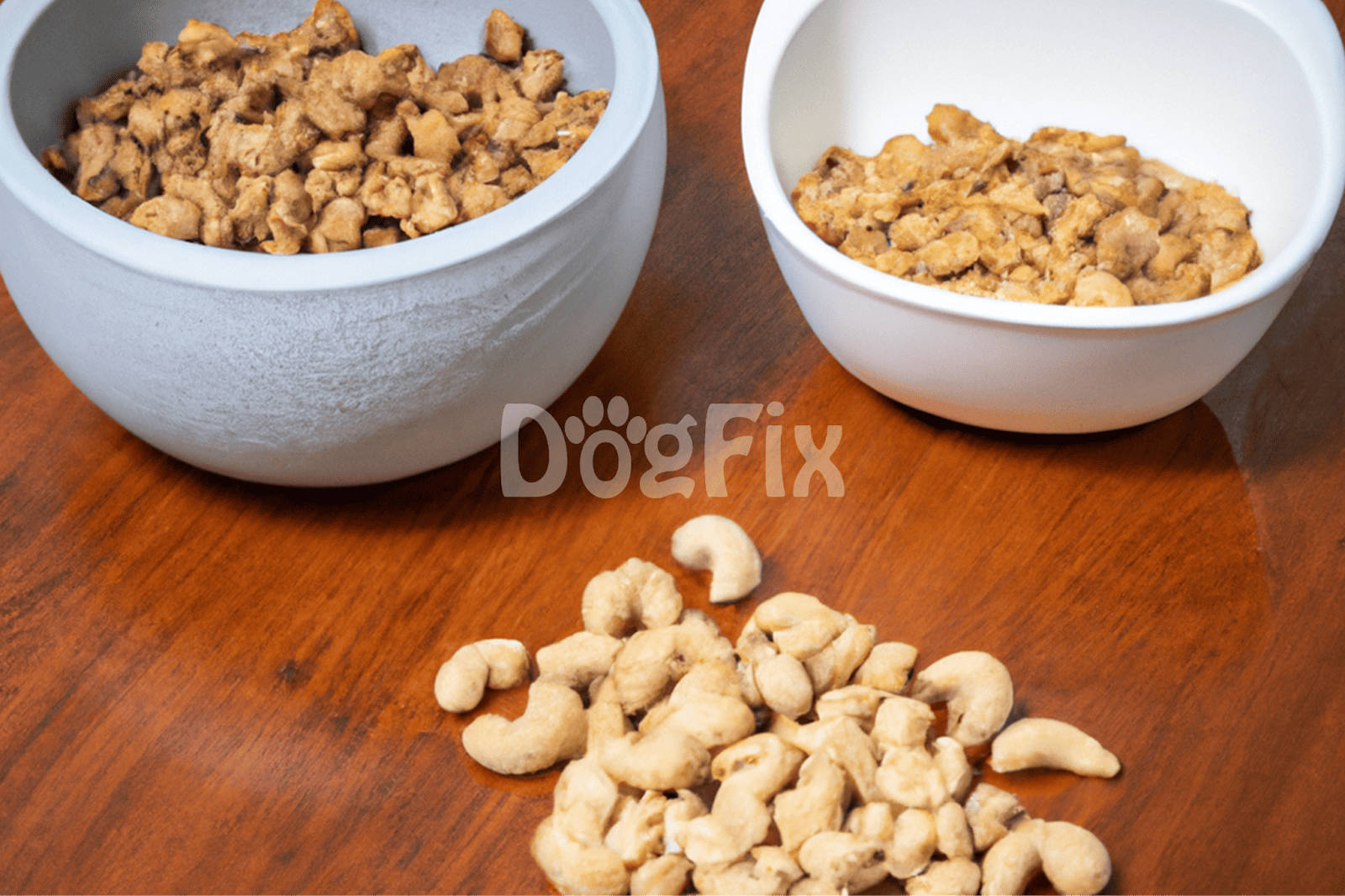 Dog treat bowls filled with crunchy and chewy treats for dogs, on a wooden table.
