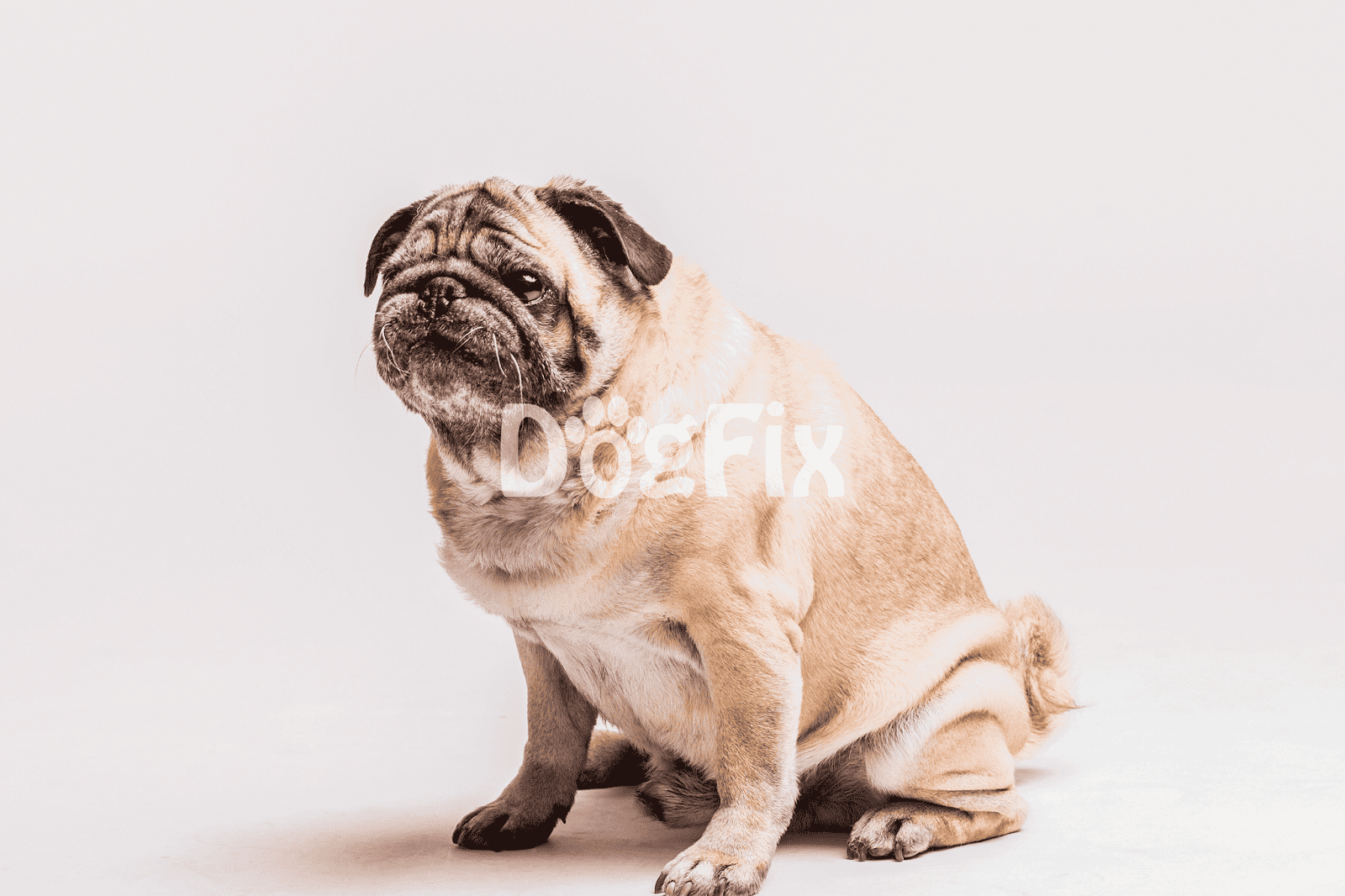 Adorable pug dog sitting on white background, pet health, dog grooming, and grooming tips.