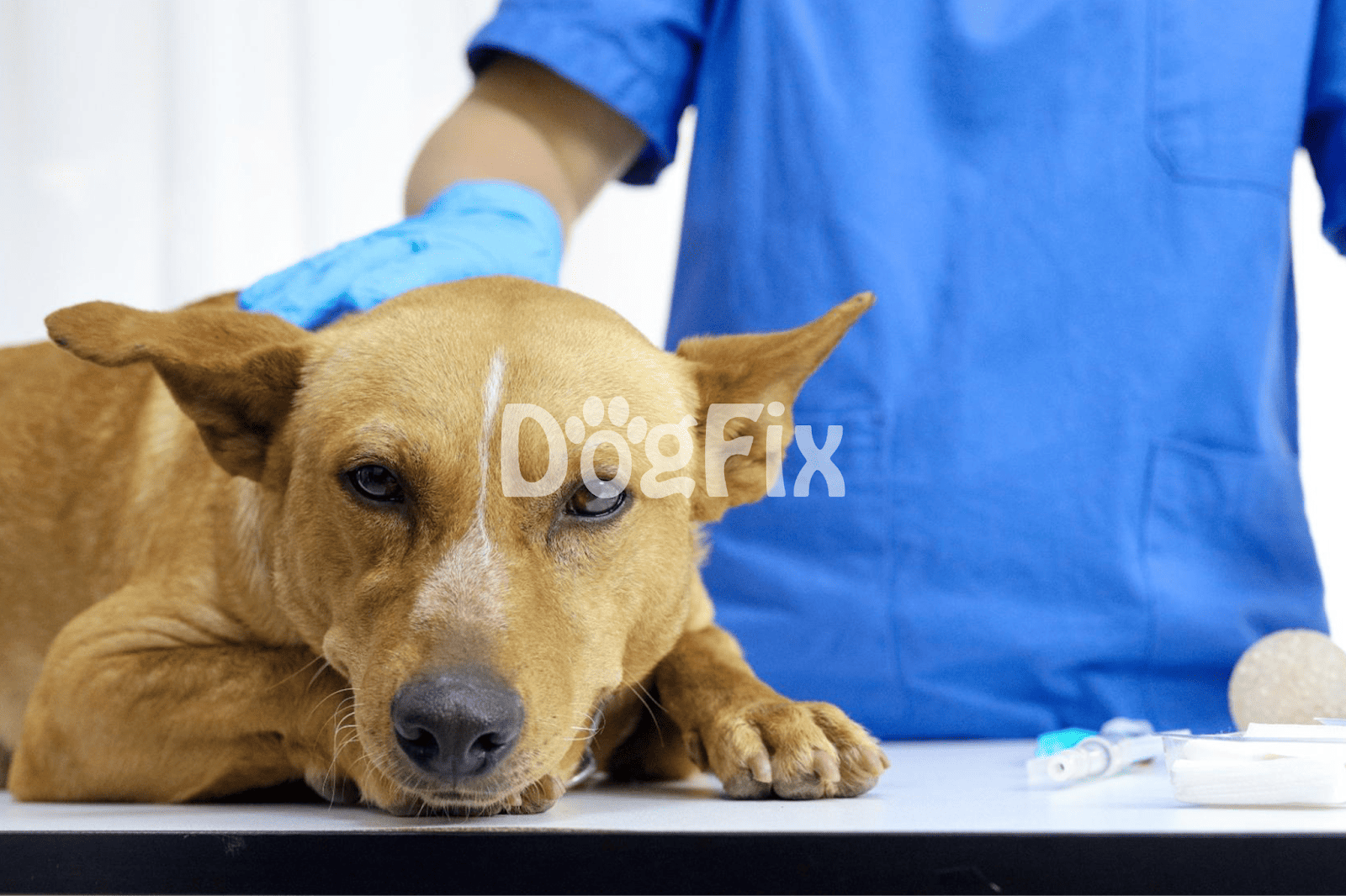 Dog in veterinary exam room with vet assistant.
