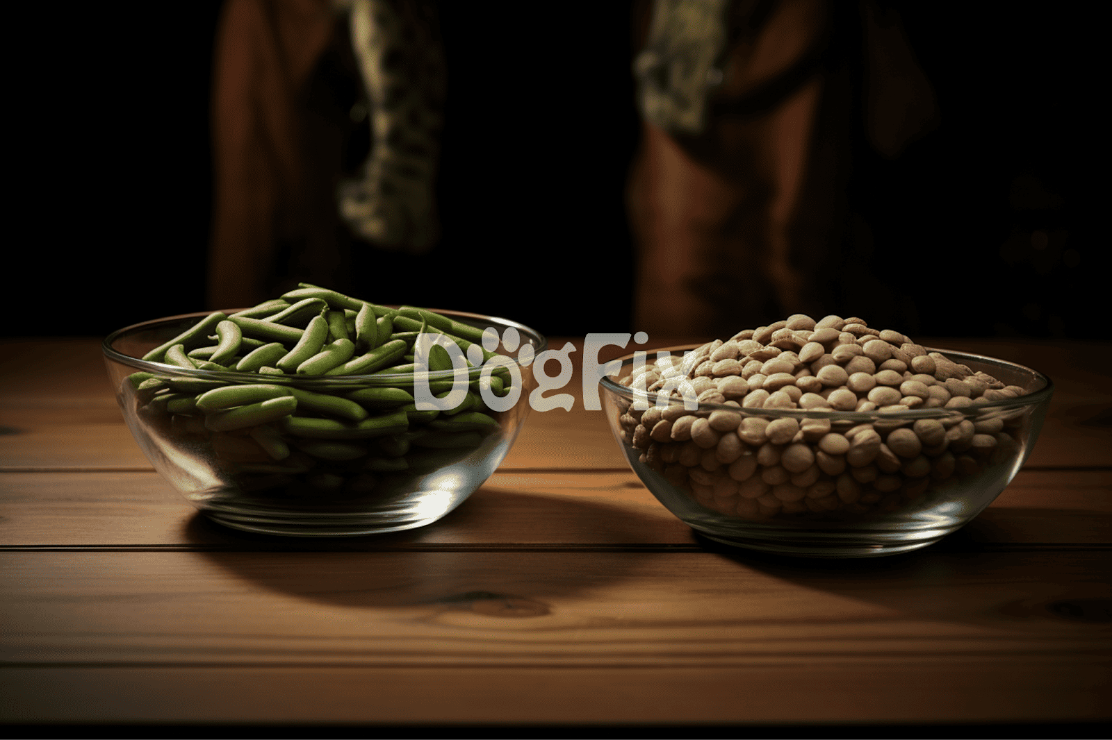 Healthy dog food ingredients, green beans and lentils in glass bowls on wooden table.