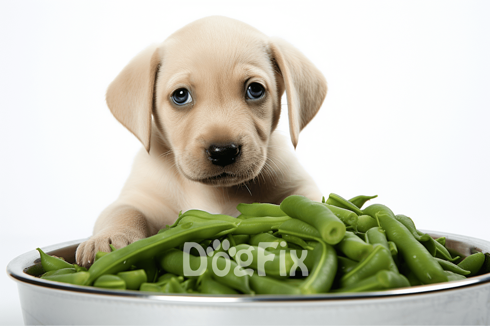 Adorable puppy with blue eyes eating fresh green beans in a white bowl.
