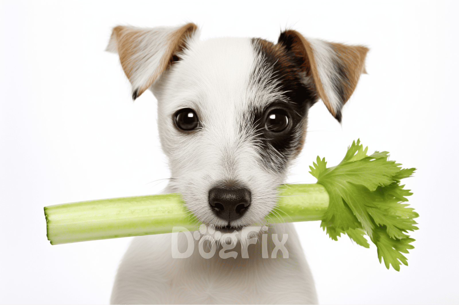 Adorable puppy holding celery, showcasing healthy pet treats and nutrition.
