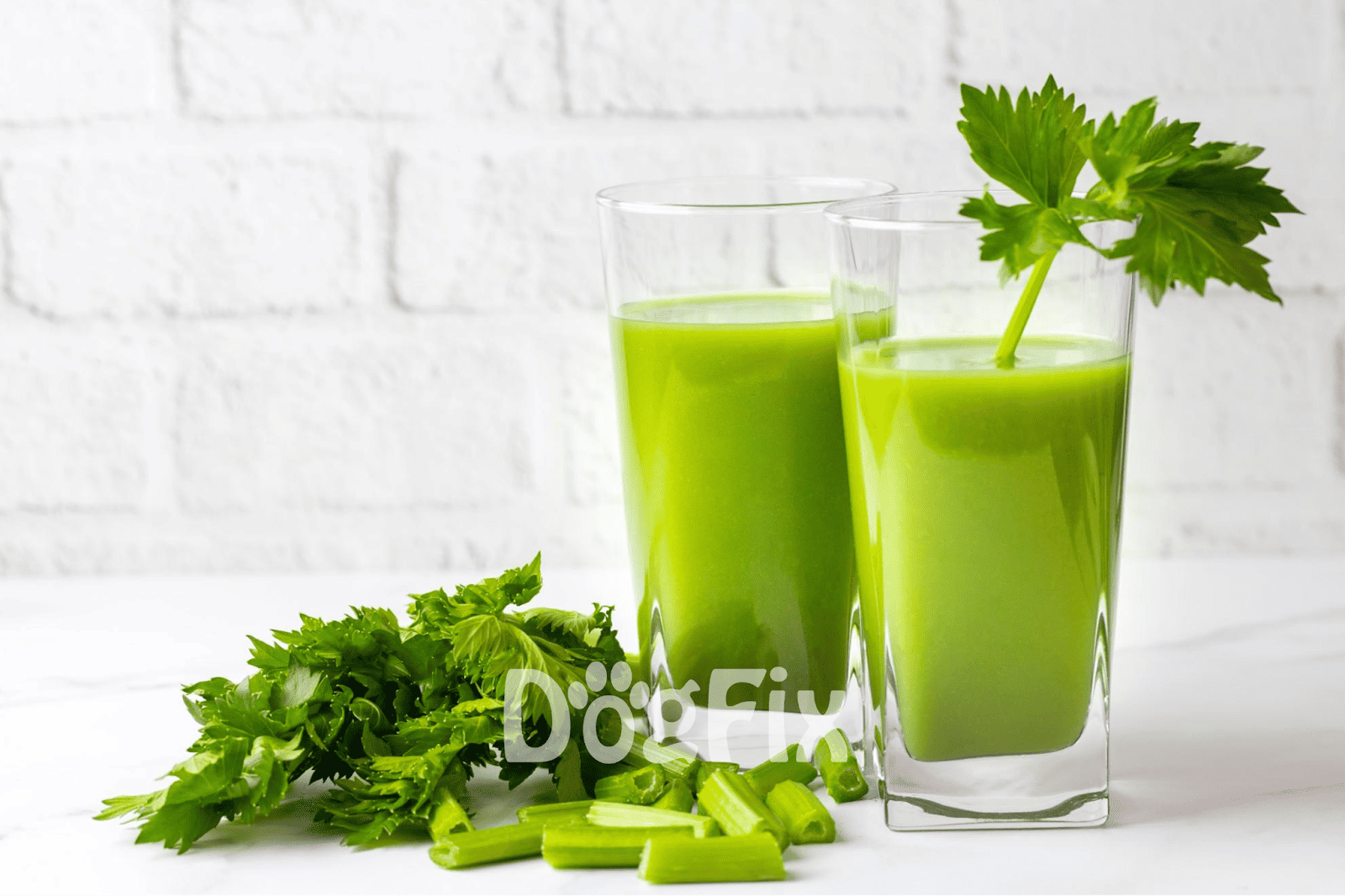 Refreshing green vegetable juice with celery and parsley on white background.