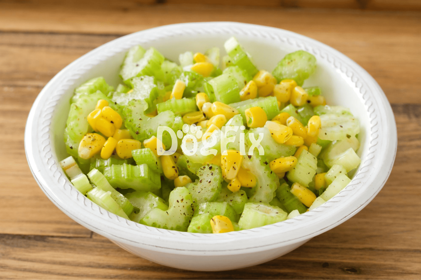 Healthy celery and corn salad as a nutritious dog treat or meal supplement.