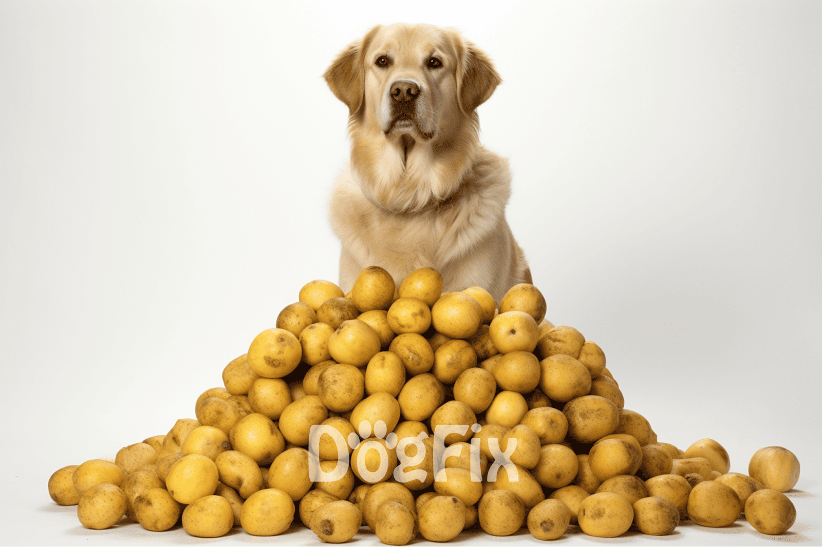 Dog with a pile of potatoes, promoting healthy dog food options and pet nutrition.
