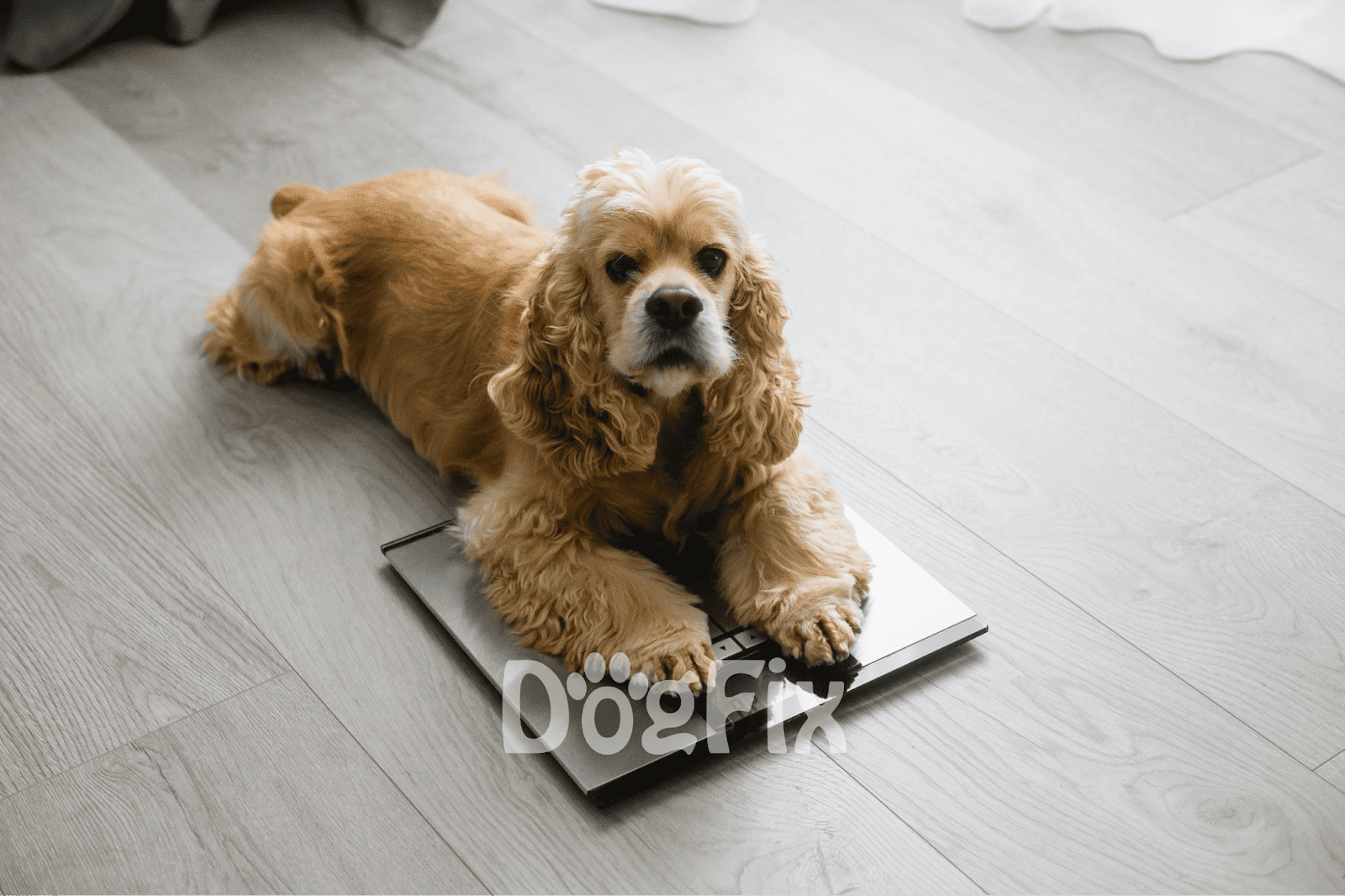 Adorable Cocker Spaniel puppy lying on a digital scale, showcasing pet health and wellness.