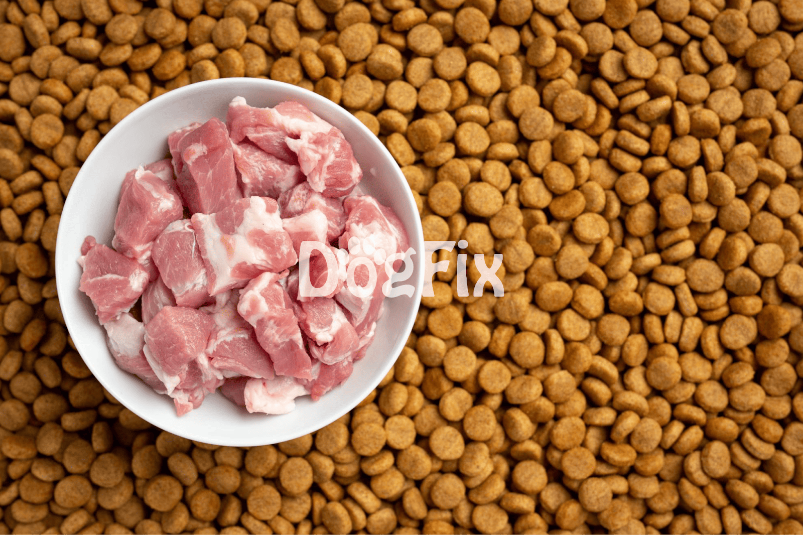 High-quality raw chicken meat for dog diet, placed on dry kibble for pet nutrition.