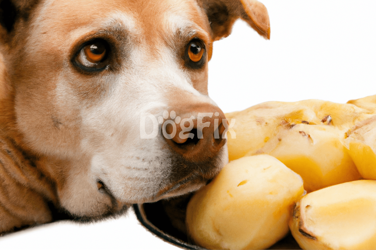 Close-up of a cute dog with brown eyes and a banana, emphasizing healthy dog treats on Dogfix.com.