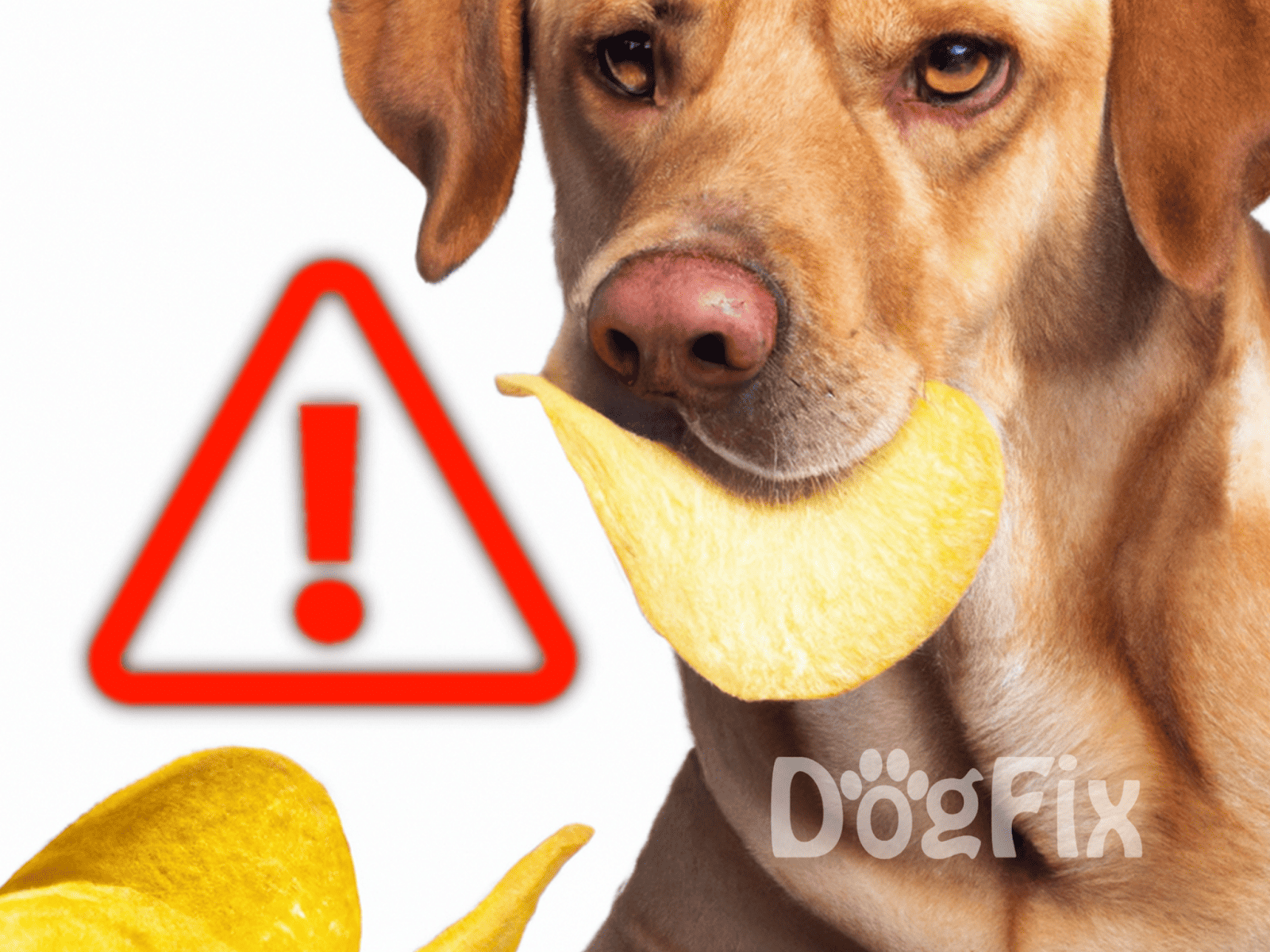 Dog with lemon in mouth, warning sign icon in background.