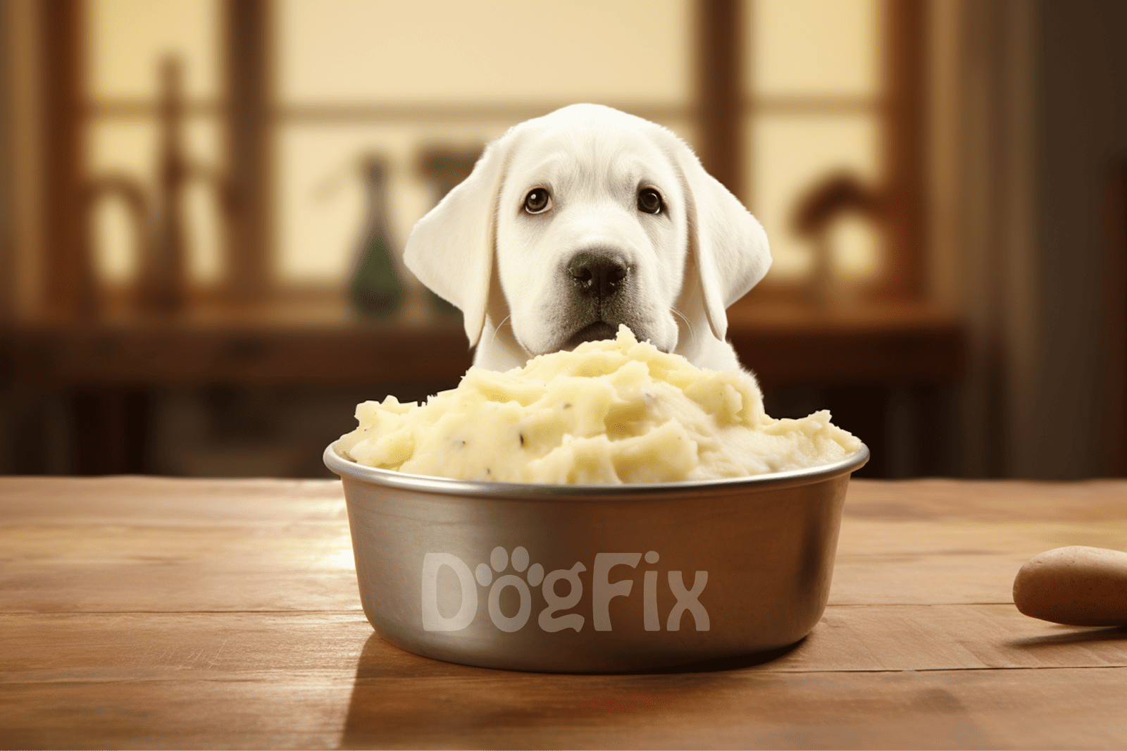 Adorable Labrador puppy with a bowl of mashed potatoes, promoting healthy dog diet care.