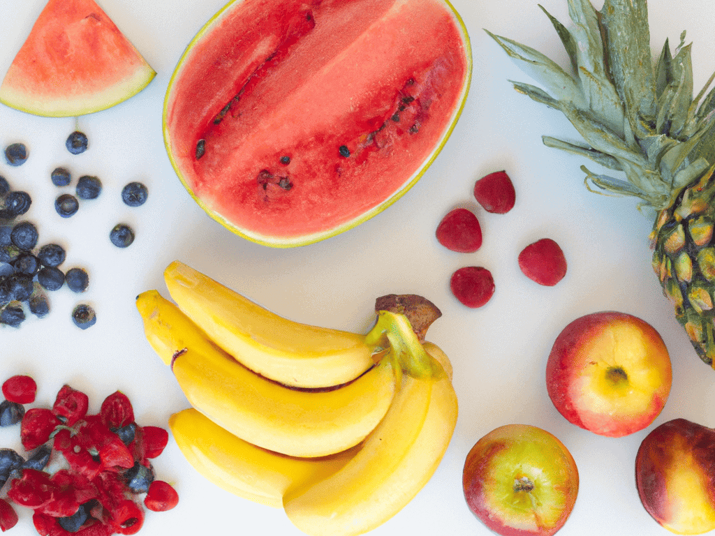 Fresh watermelon and variety of fruits on white background for healthy dog treats.