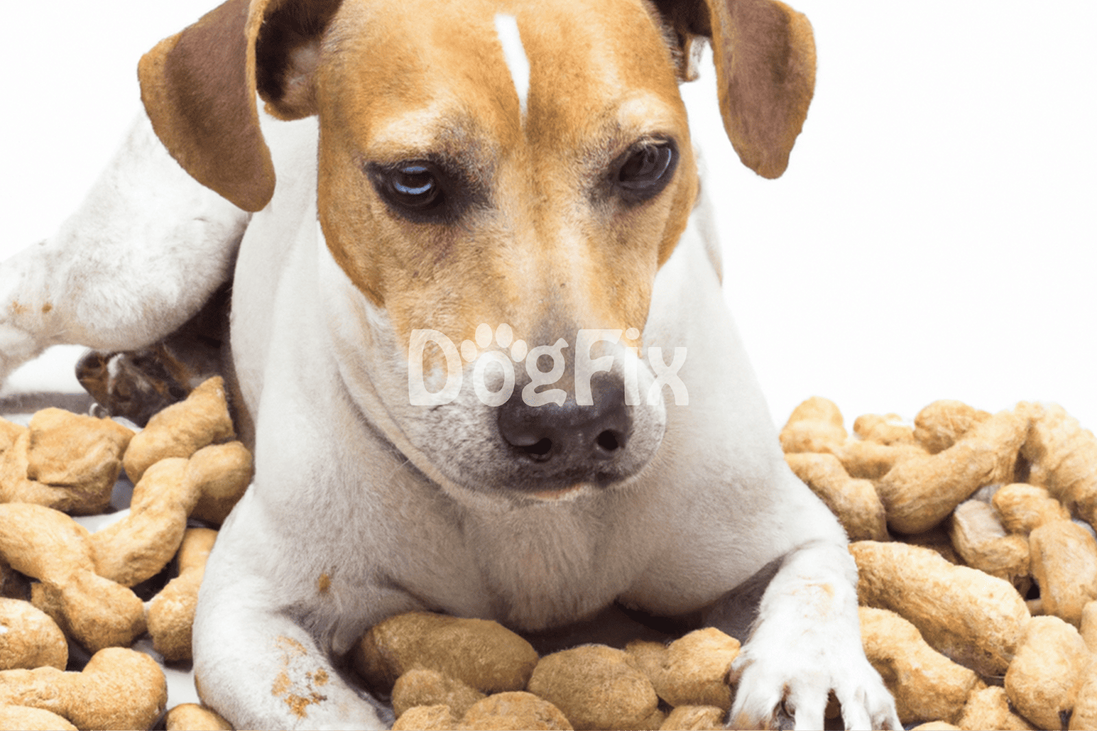 Dog lying on treats, healthy dog snack, pet care, dog nutrition, Dogfix.com.