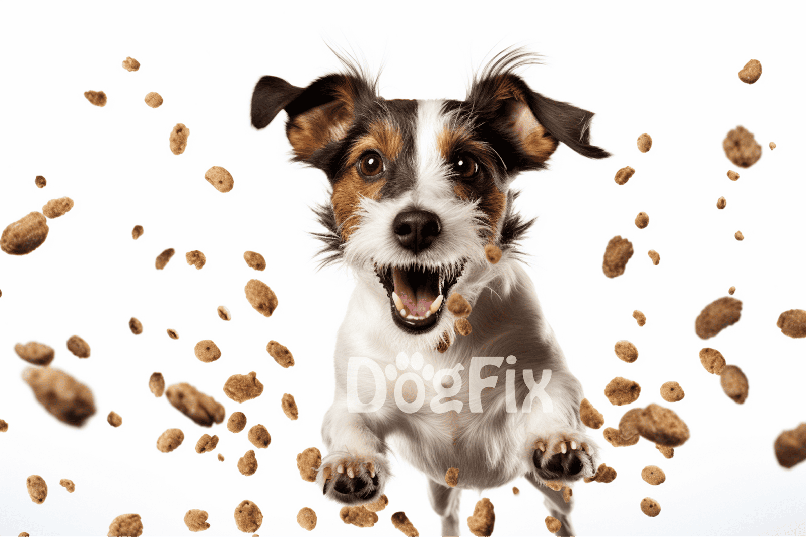 Adorable dog catching kibble mid-air, showcasing pet agility and playful nature.