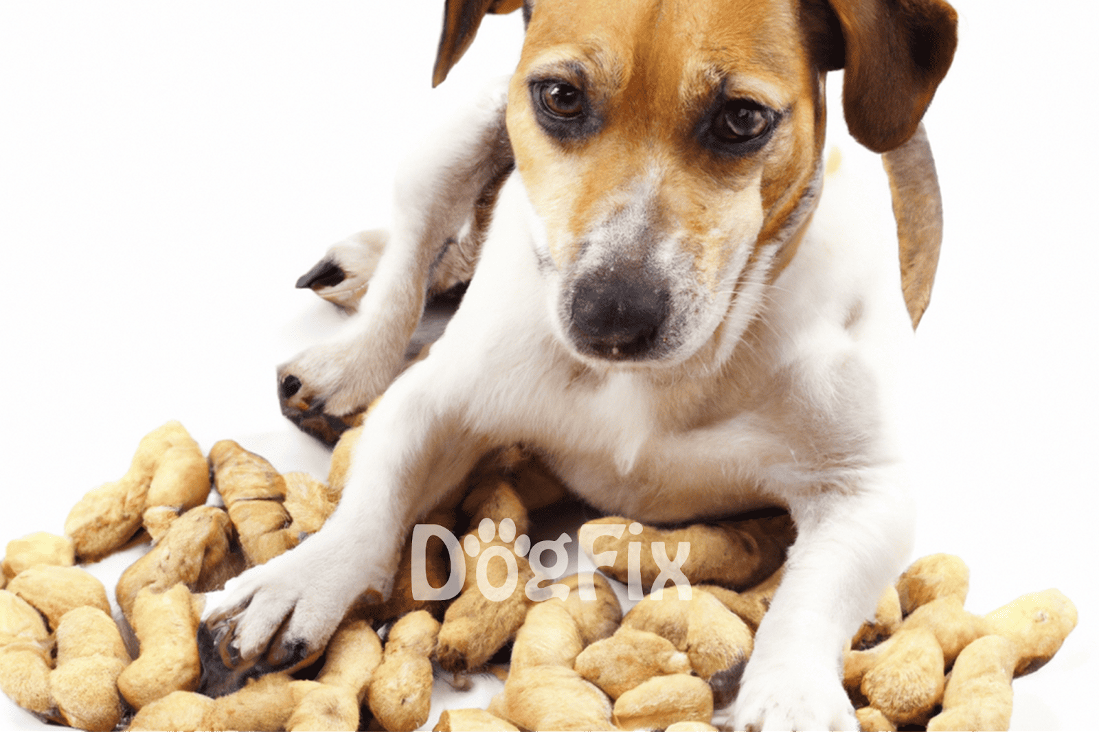 Adorable puppy surrounded by crunchy peanut-shaped dog treats on white background.