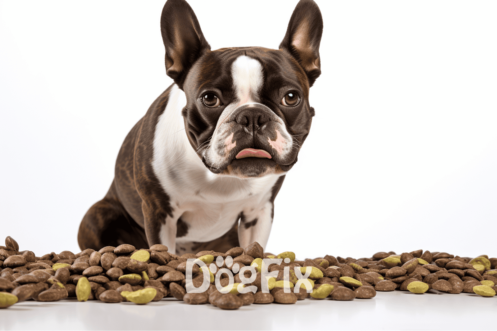 Adorable French Bulldog surrounded by dog food, promoting healthy pet nutrition via DogFix.com.