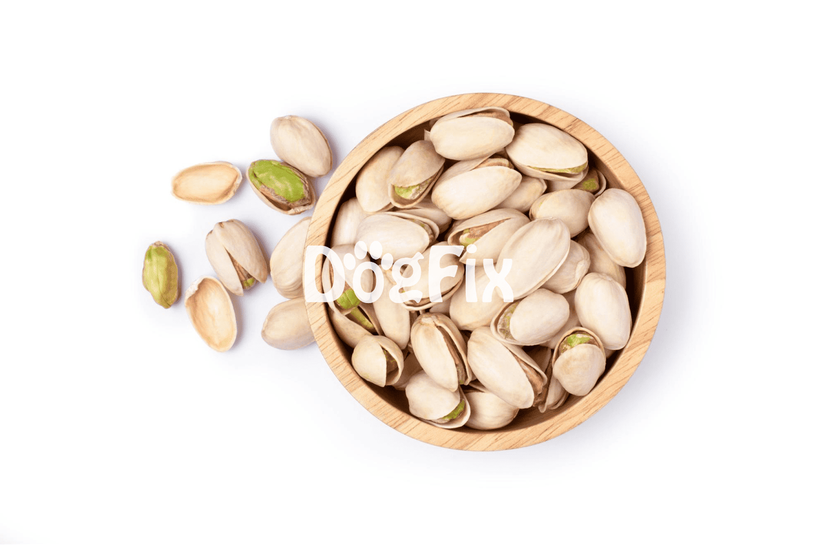 Fresh pistachios in a wooden bowl on white background.