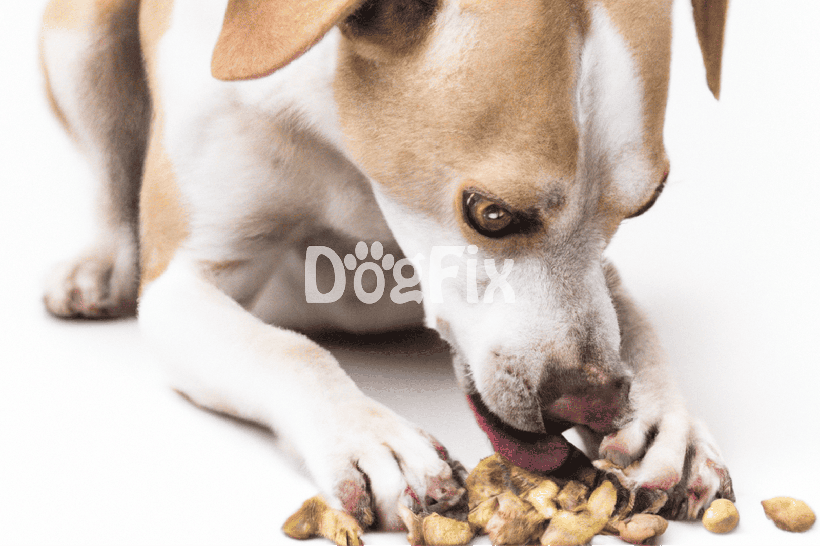 Dog engaging with peanut butter treats on a white background.