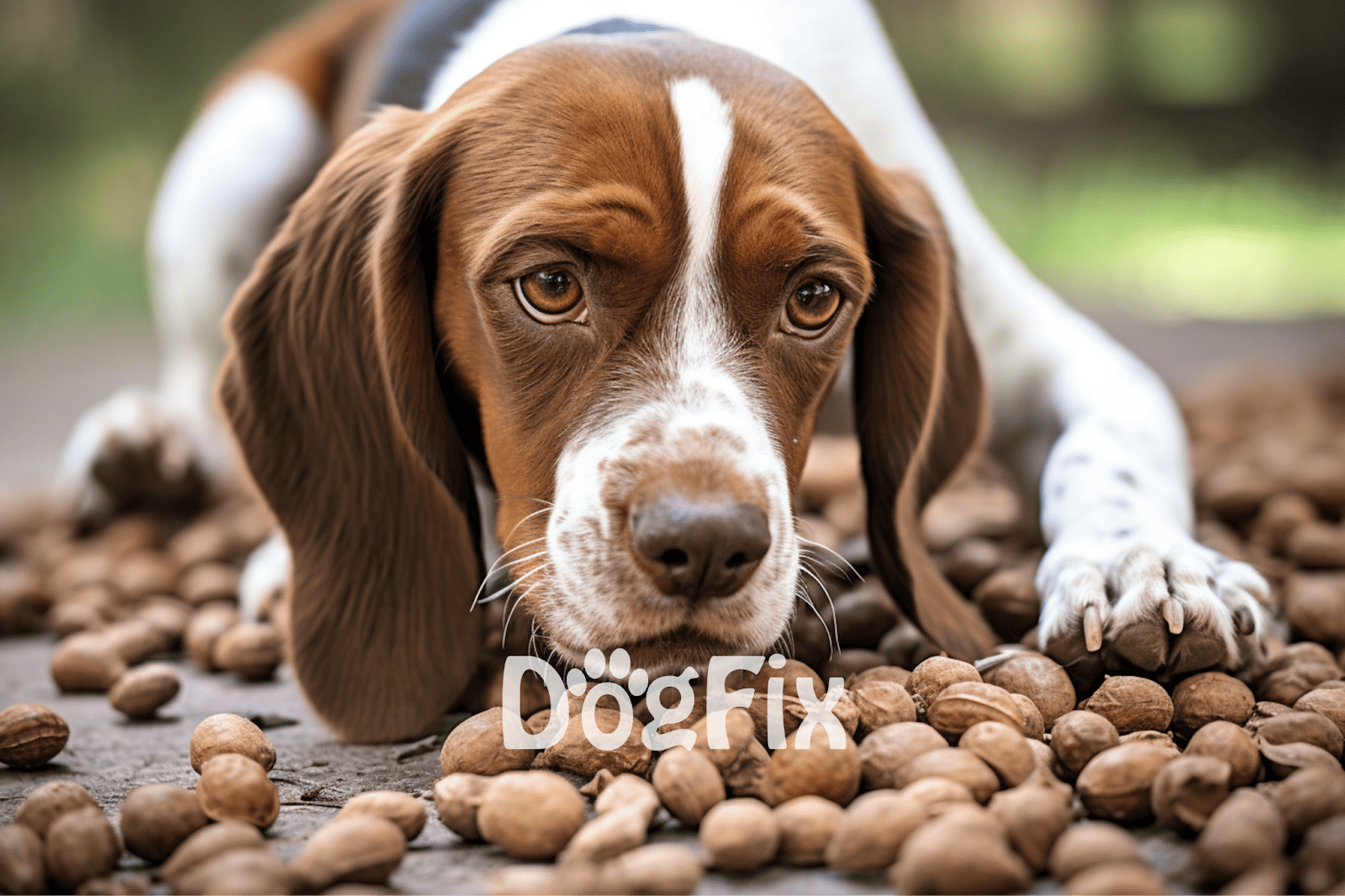 Adorable basset hound puppy resting on walnuts, outdoor scene, cute dog, playful puppy, pet photography.