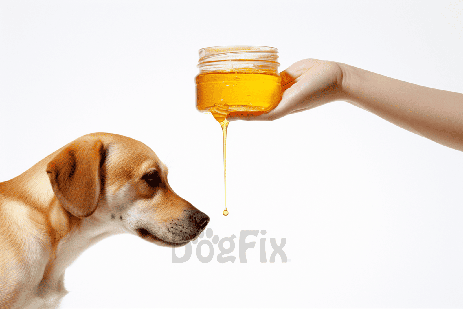 Dog and honey jar with honey drip, pet health and wellness concept.
