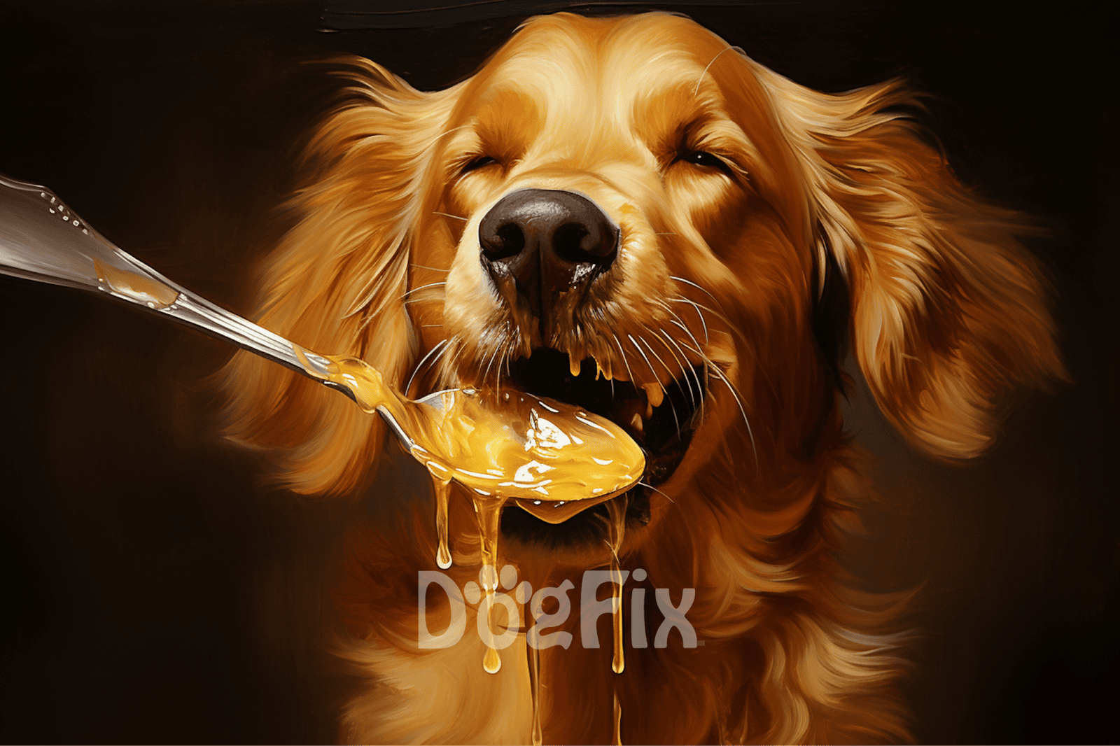 Golden retriever dog licking honey with open mouth, close-up of face.
