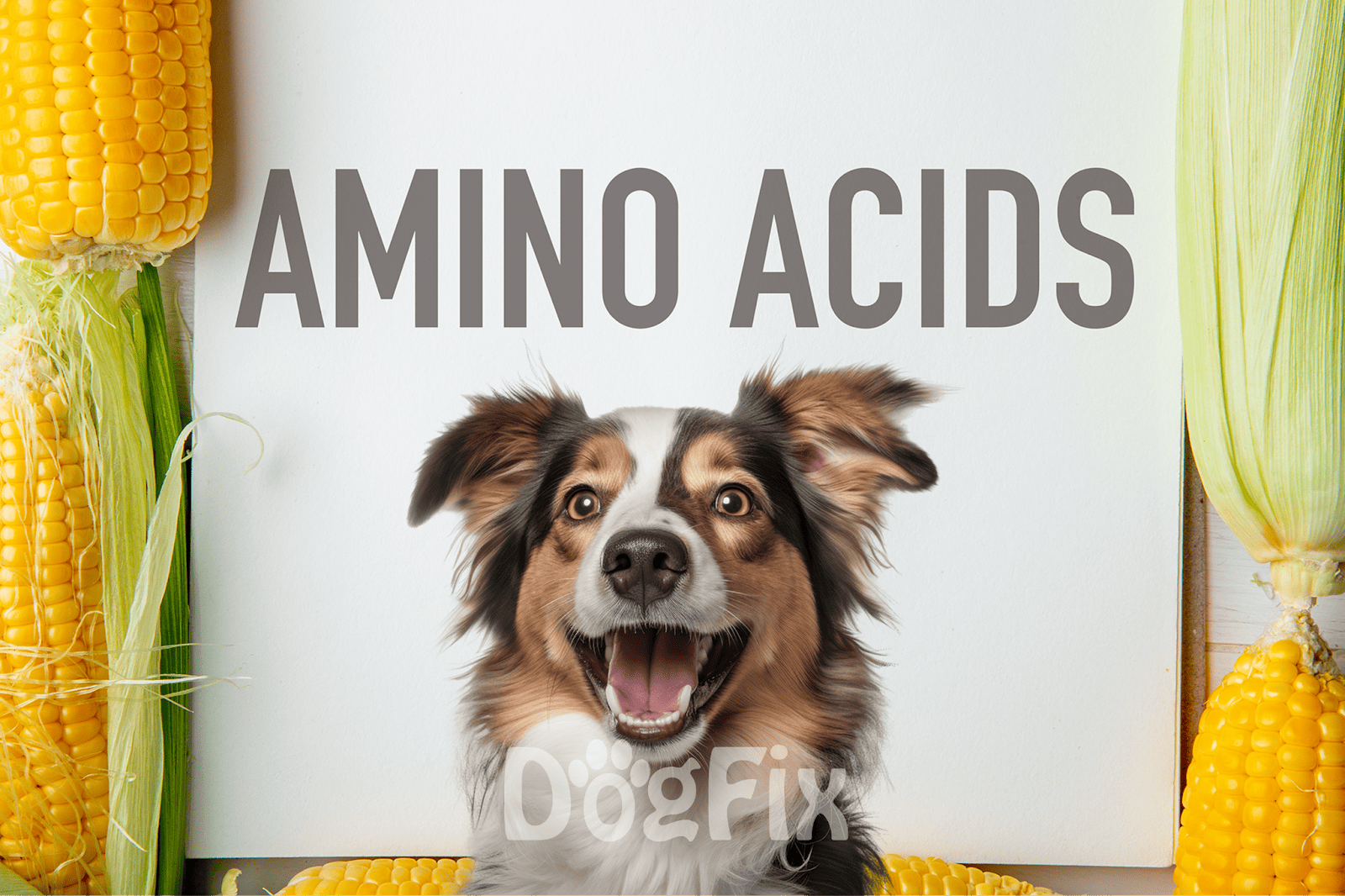 Dog with happy expression surrounded by corn and vegetables, emphasizing amino acids in dog nutrition and supplements.