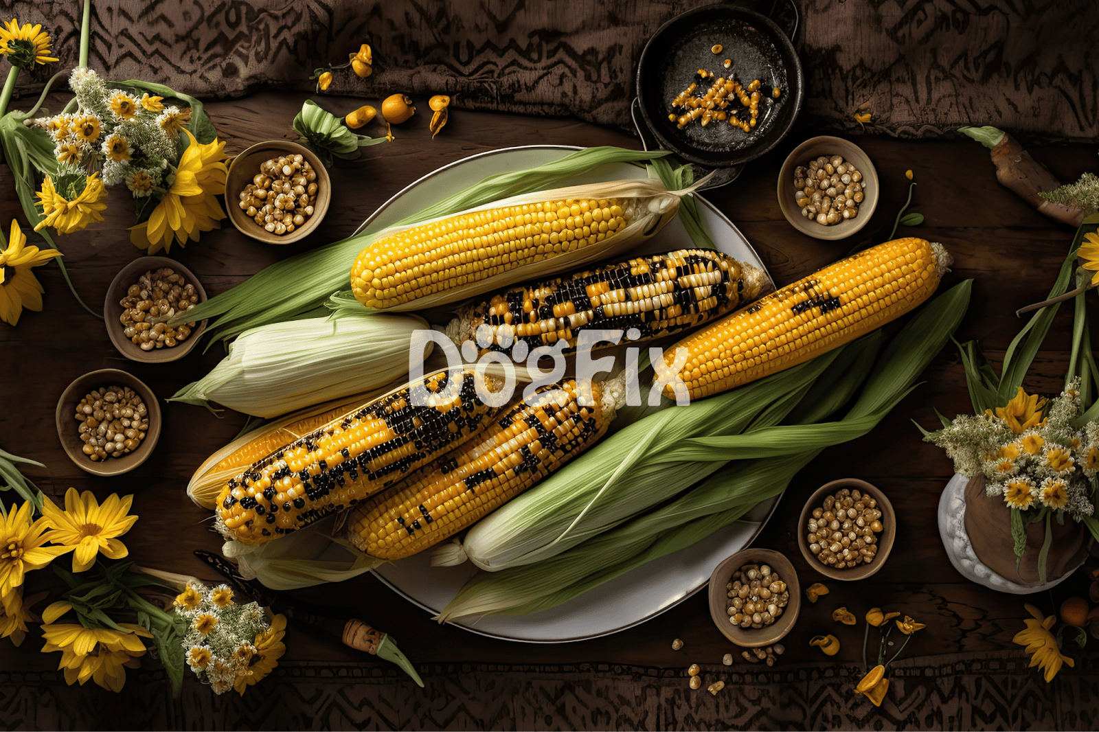 Golden and roasted sweet corn cobs with husks on, surrounded by corn kernels and vibrant wildflowers for a fresh, farm-to-table feel.