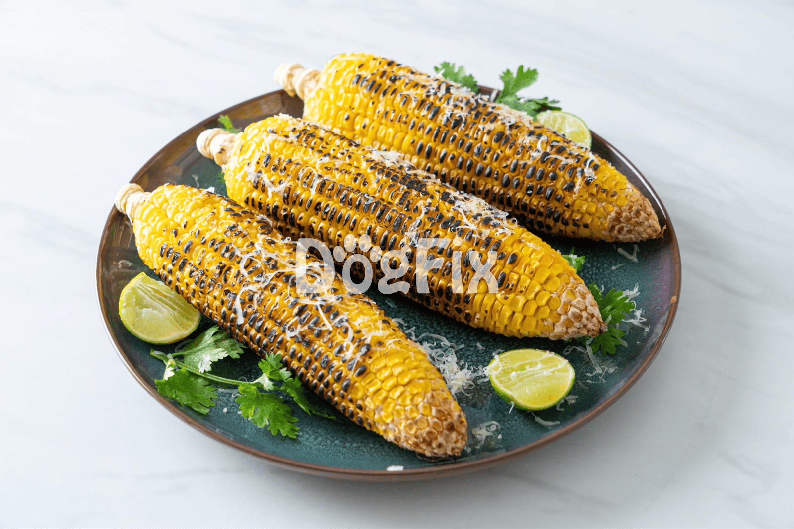 Delicious grilled corn on the cob with charred marks, lime wedges, and fresh cilantro for a flavorful dish.