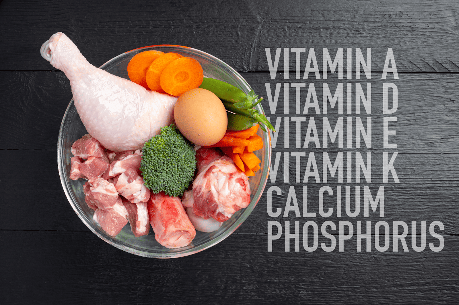 Fresh raw ingredients including chicken, eggs, vegetables for dog health.