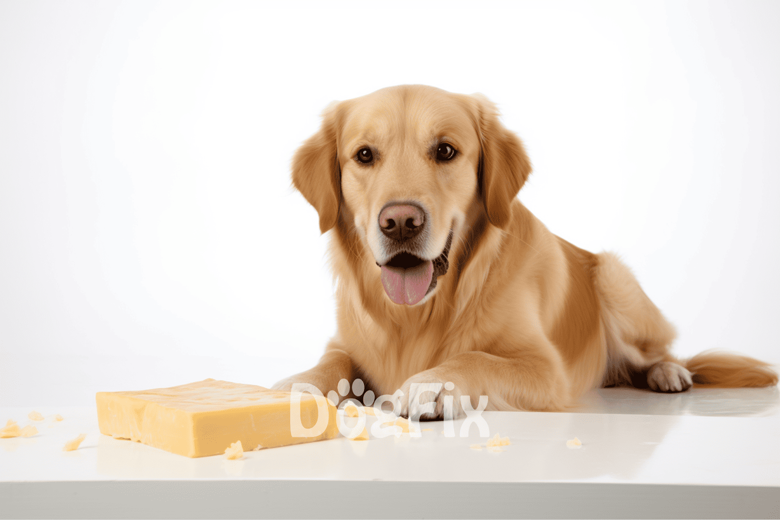 Friendly Golden Retriever with cheese on a white background, emphasizing dog treats and healthy dog food.