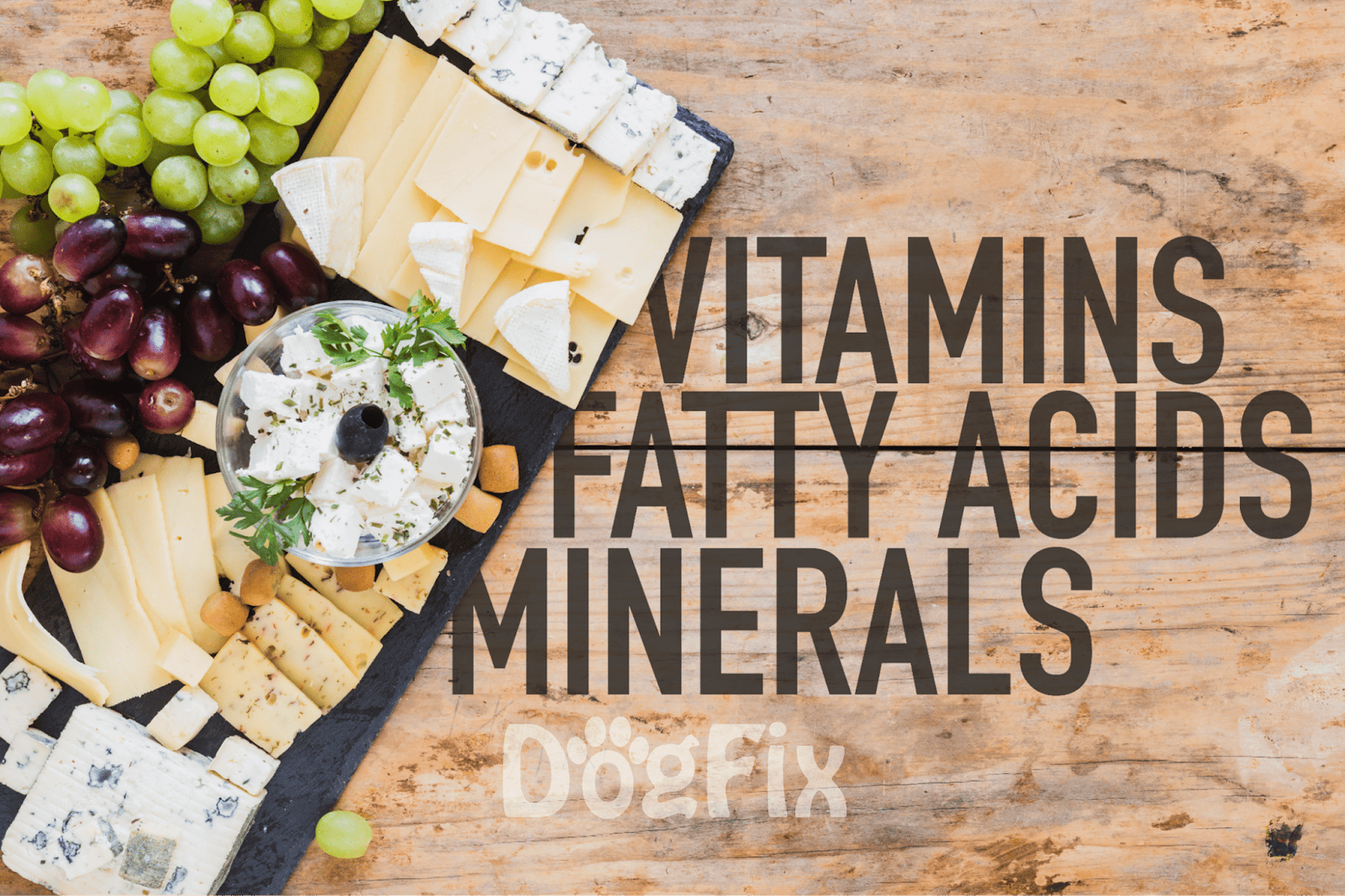 Nutritional cheese and fruit platter with grapes, blue cheese, and herbs for dogs.