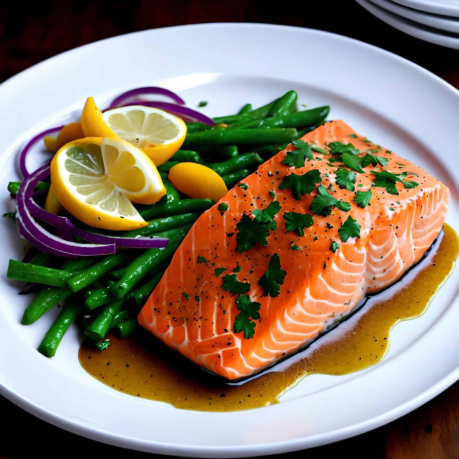 Healthy salmon dish with green beans, lemon, and herbs, perfect for a nutritious meal.