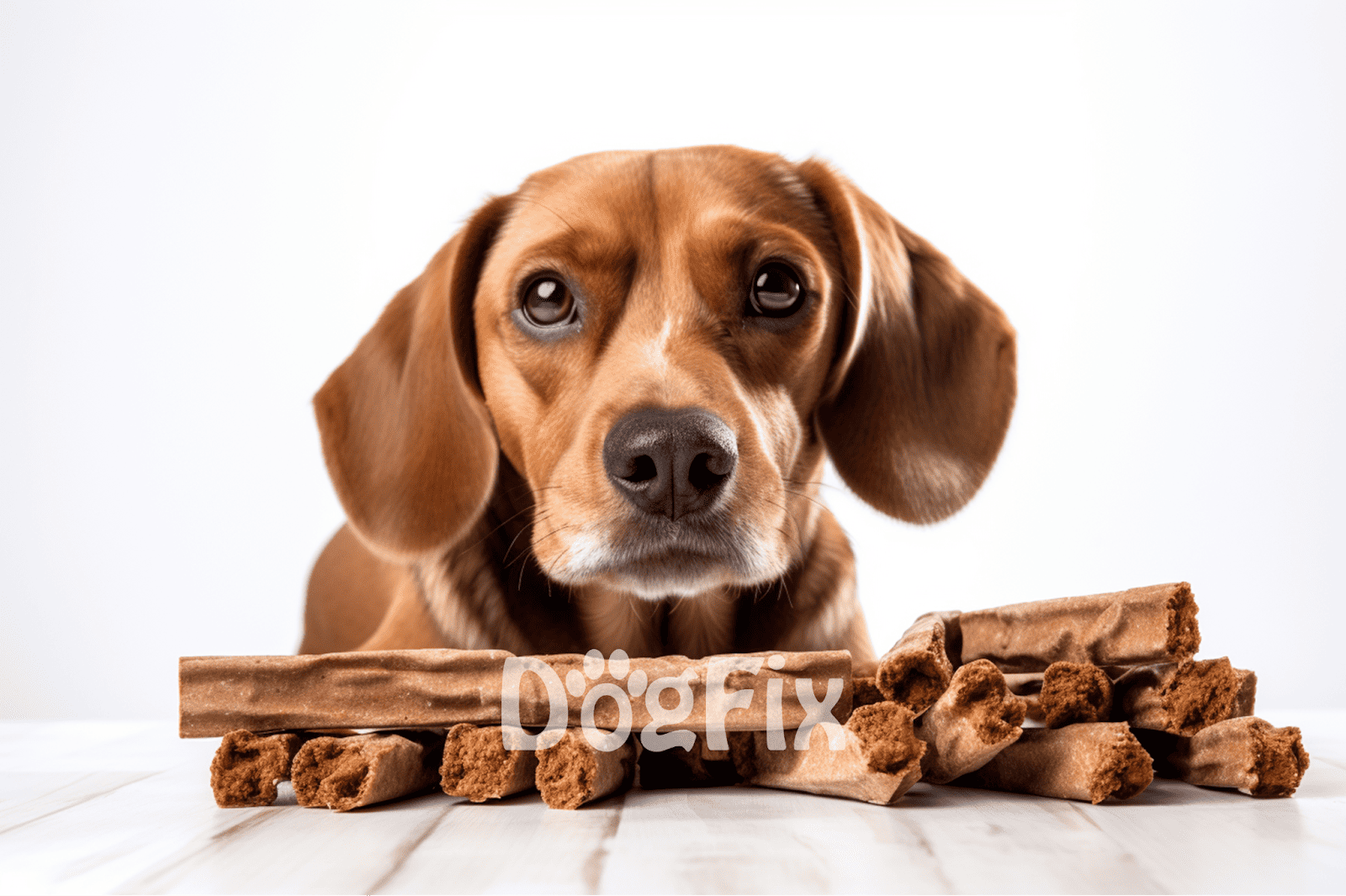 Adorable dog with chewy treats and bone sticks, perfect for pet nutrition and healthy dog snacks.