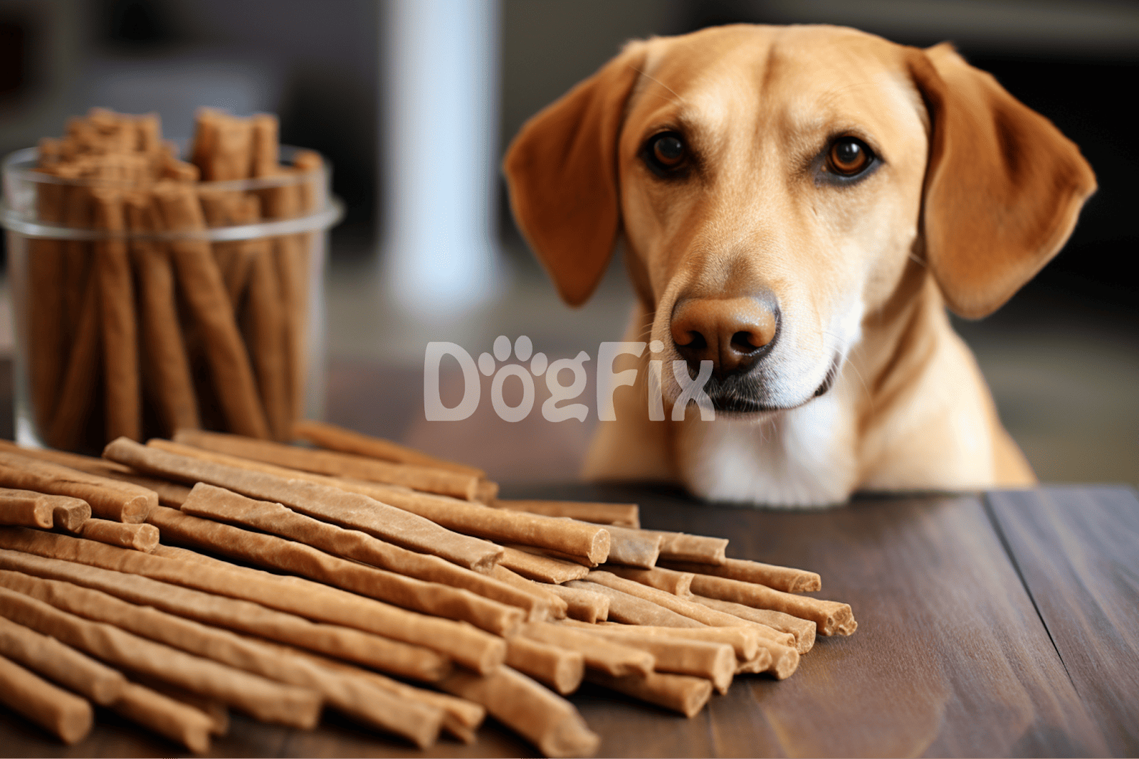Dog treat chews on table with a friendly dog looking at the camera.