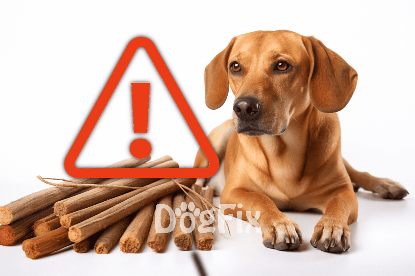 Dog licking wooden sticks with warning sign in the background, highlighting dog risk safety.