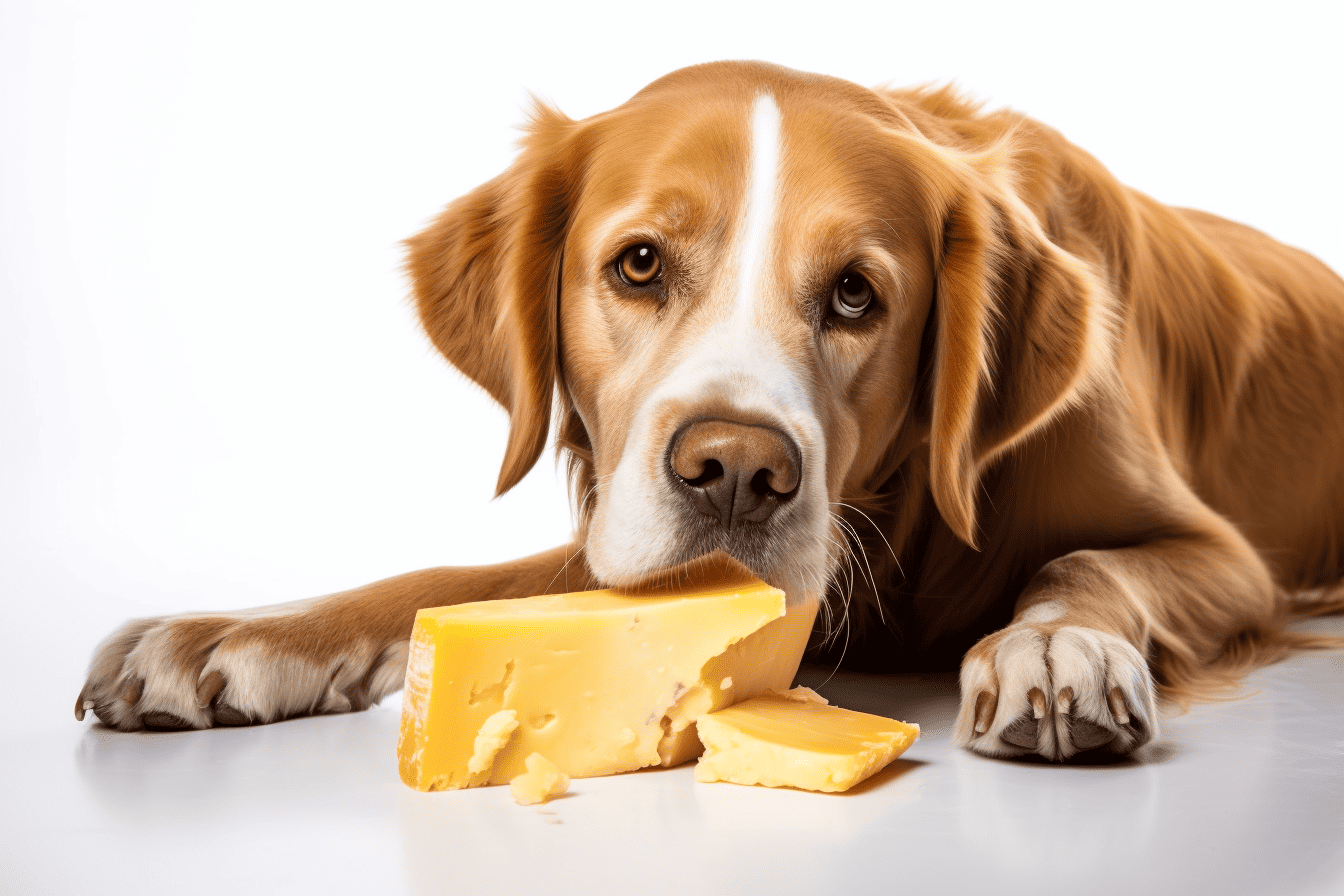 Dog with cheese and cheeseburger.
