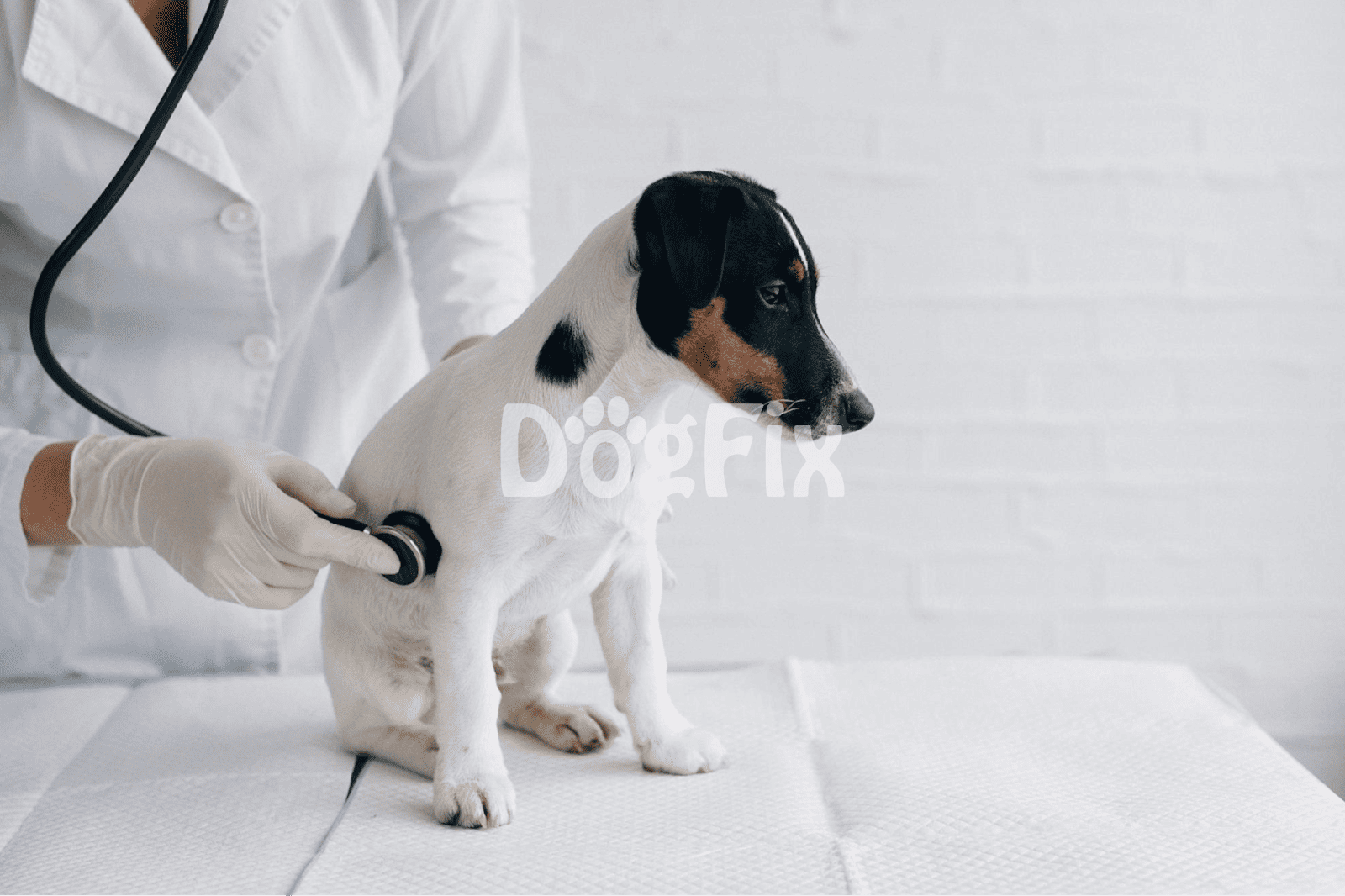 Vet checking puppy with stethoscope.