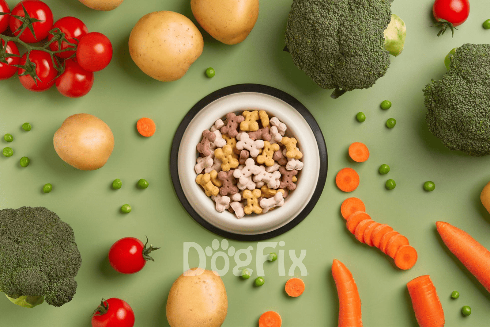 Brightly colored dog treats and fresh vegetables on green background.