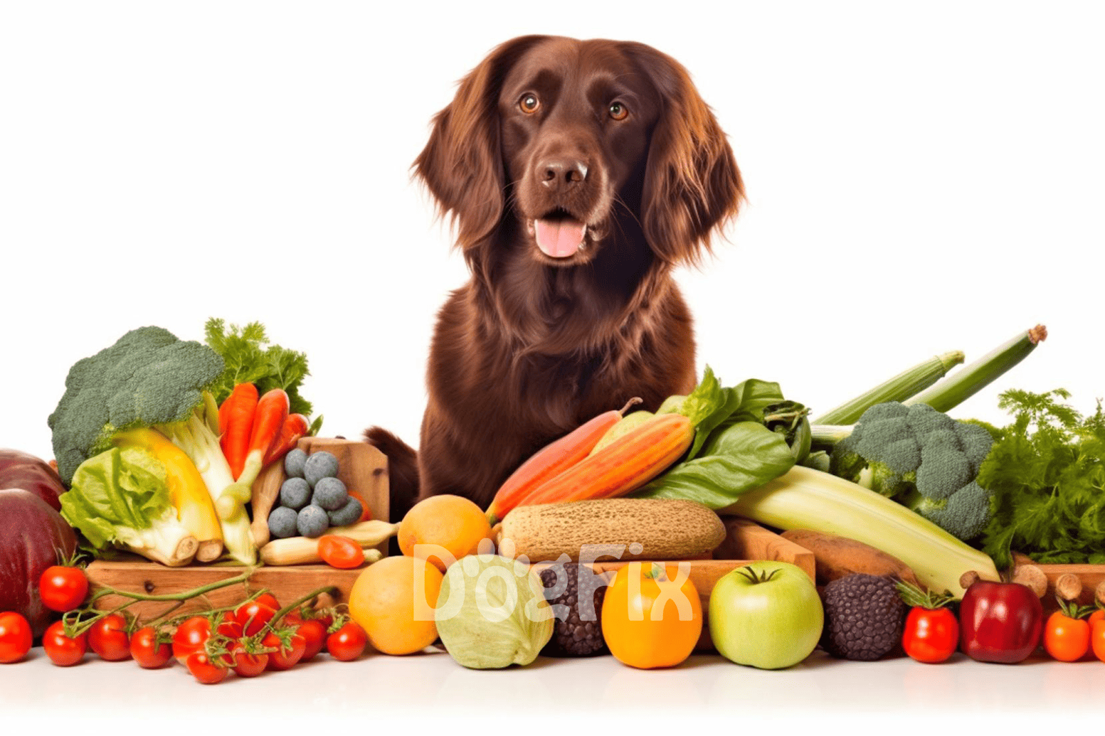Dog with fresh vegetables and fruits for healthy diet.