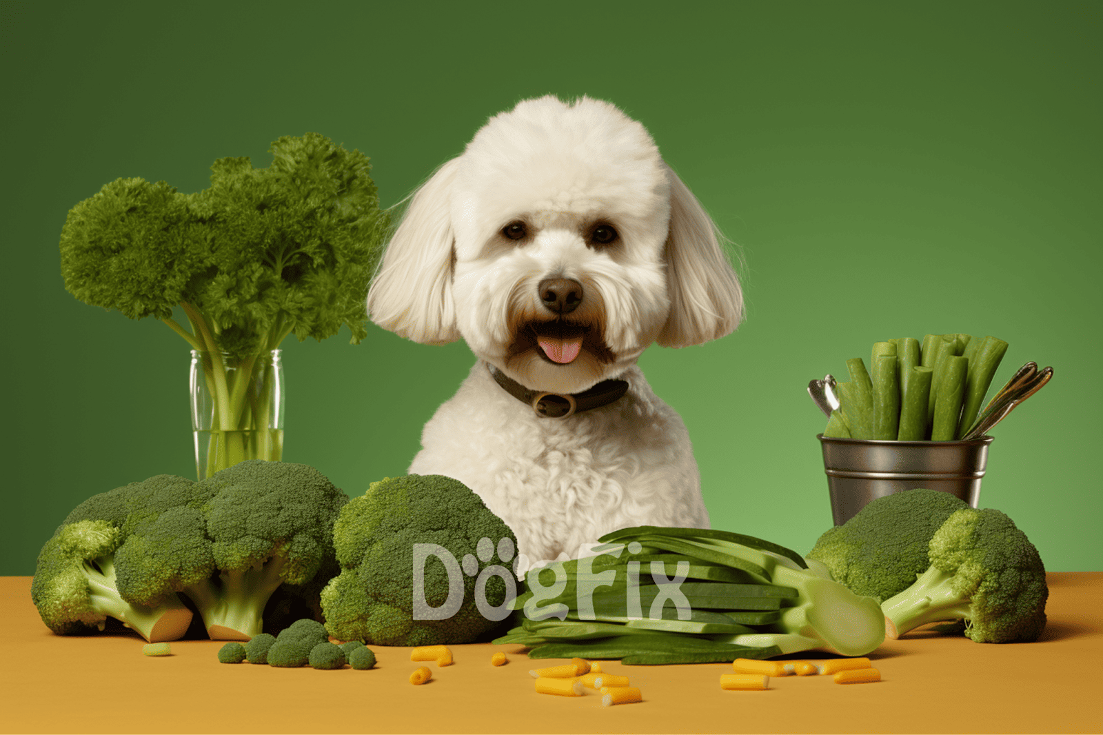 Happy dog with fresh vegetables, broccoli, cucumber, and parsley for a healthy, balanced diet.