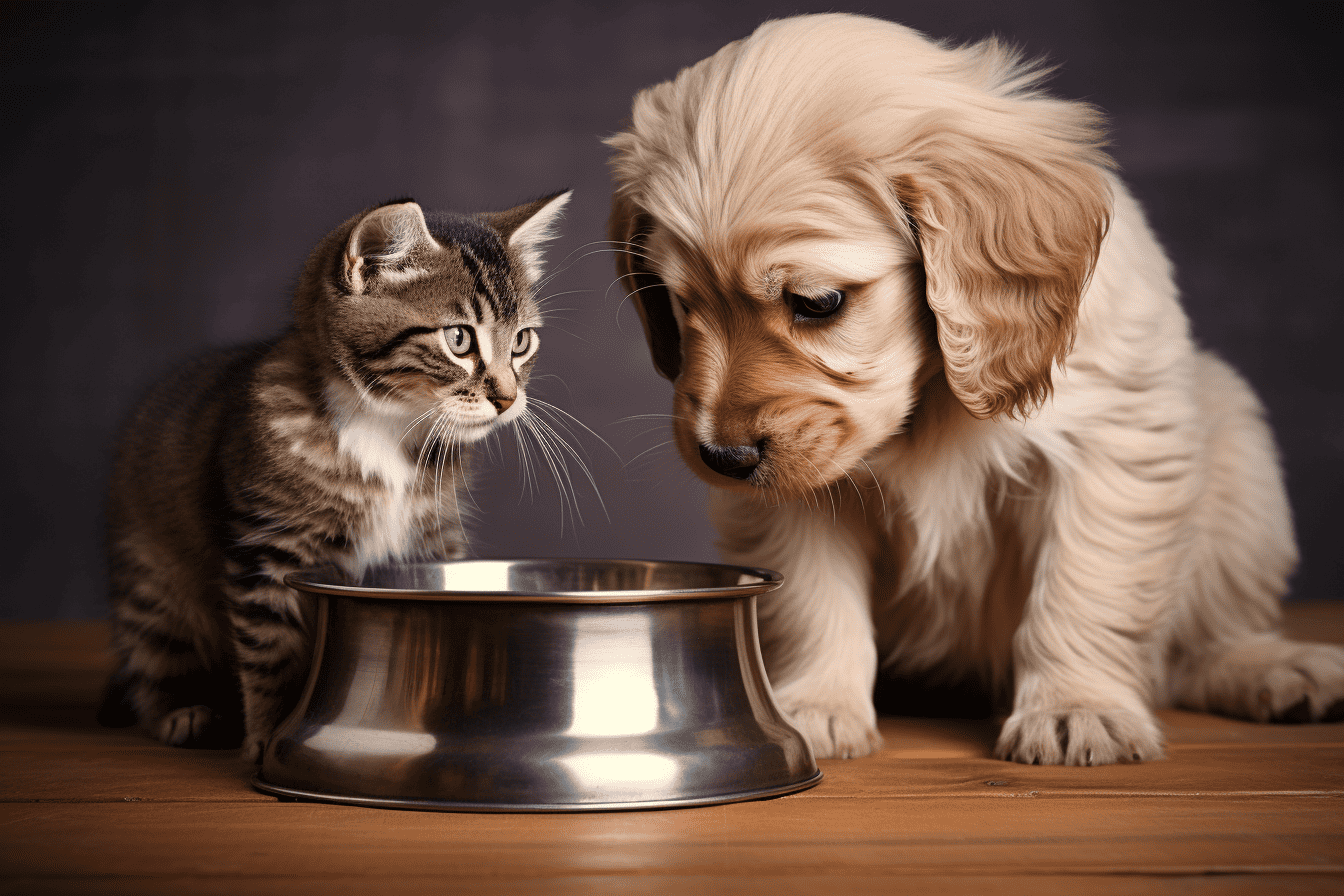 Adorable dog and kitten sharing a food bowl, highlighting pet companionship and love for dogs and cats.